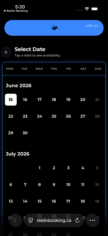 A shop’s booking page in a dark blue theme