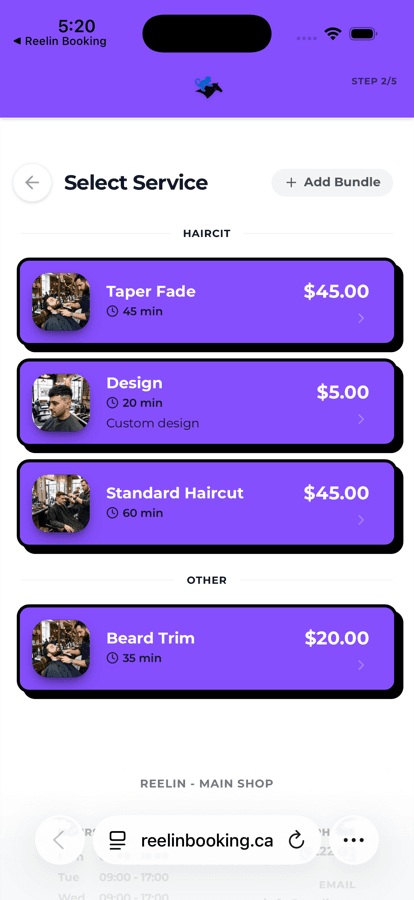 A shop’s booking page in a purple theme