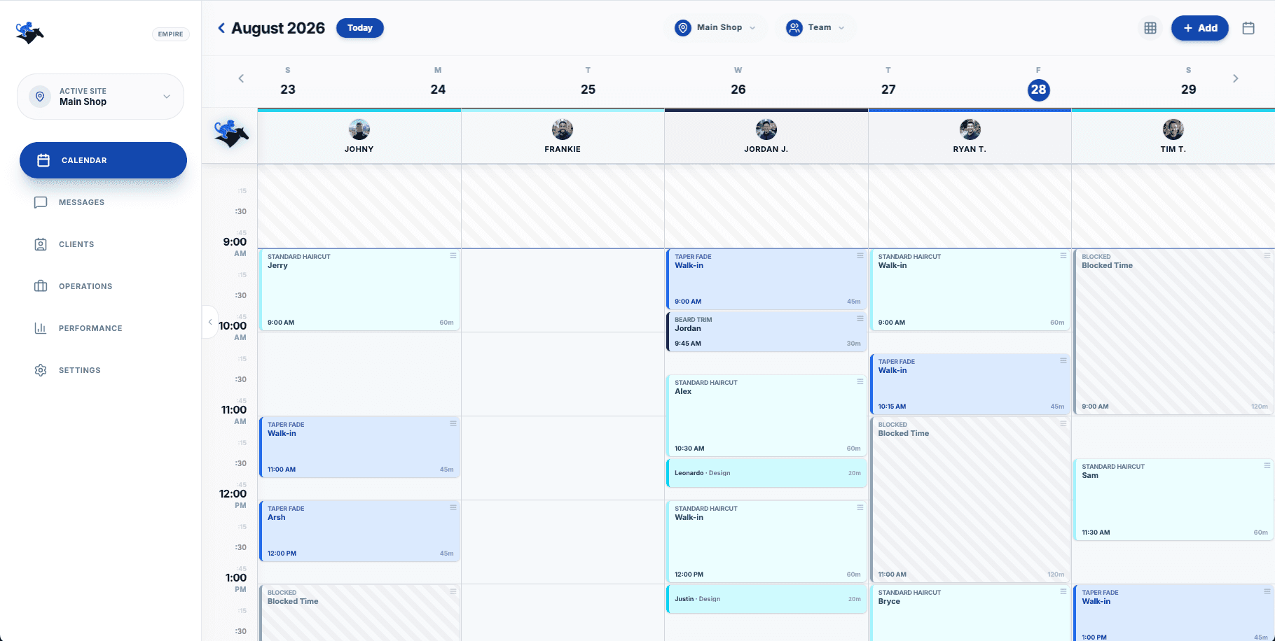 The Reelin calendar on desktop, the whole shop's day at a glance