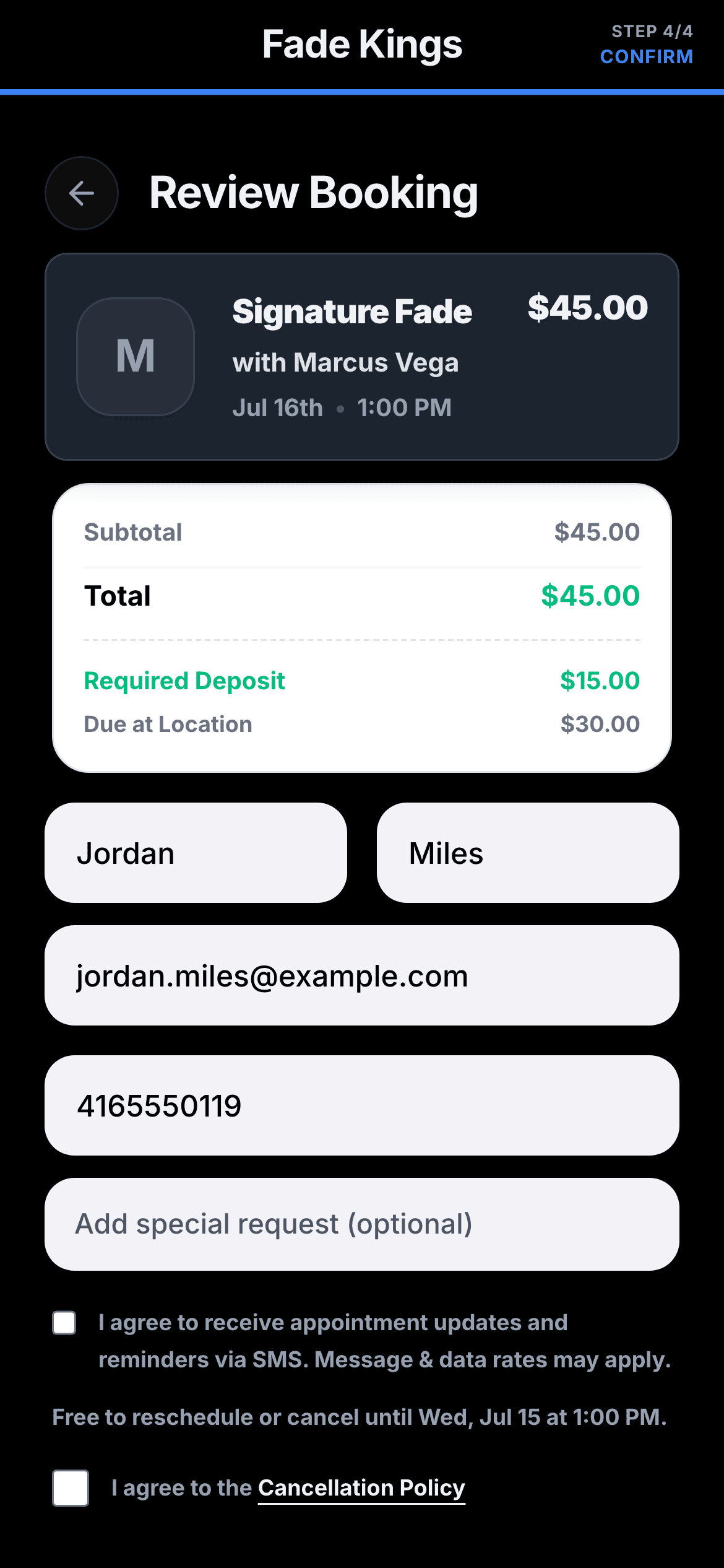 Reviewing a booking: 45 dollar service, 15 dollar deposit due now
