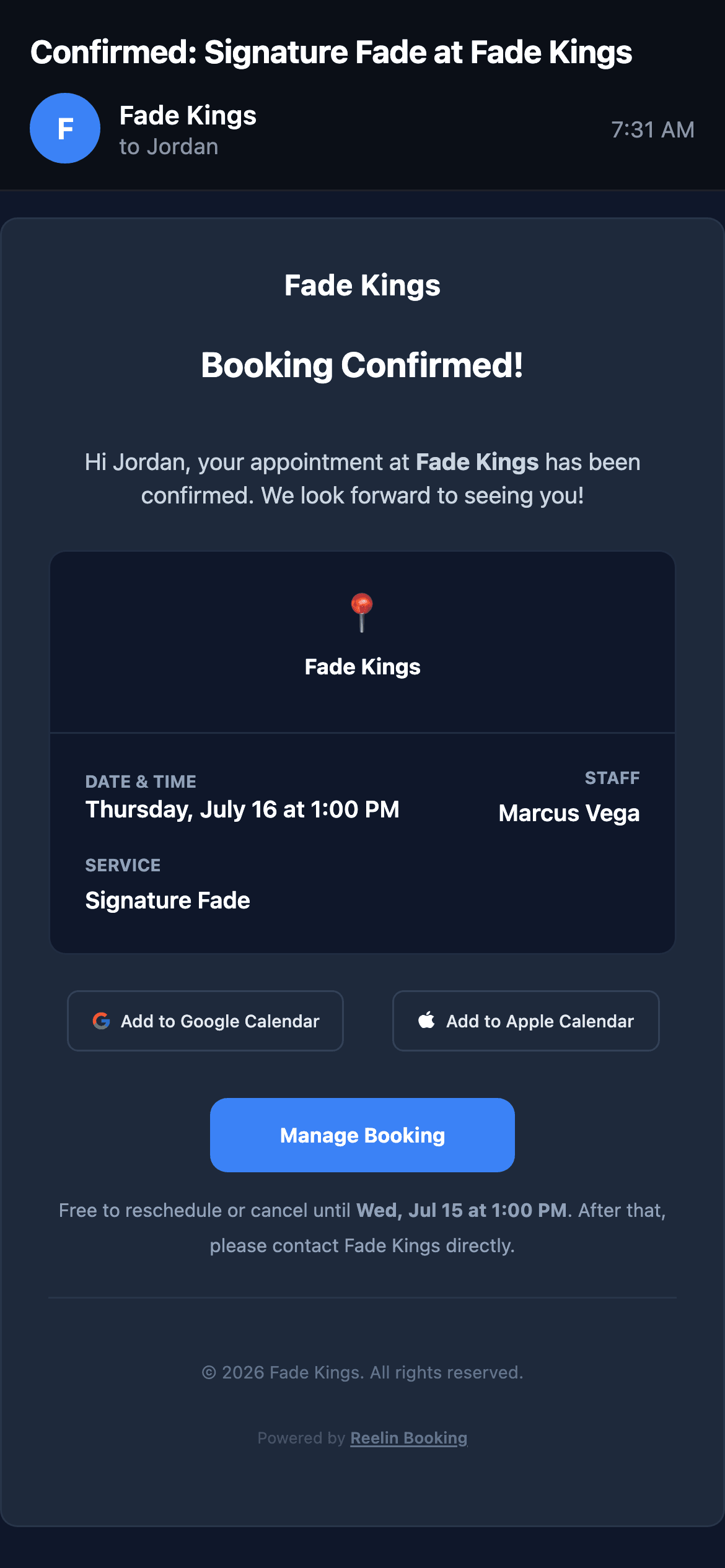 A branded booking confirmation email with calendar buttons and manage booking link