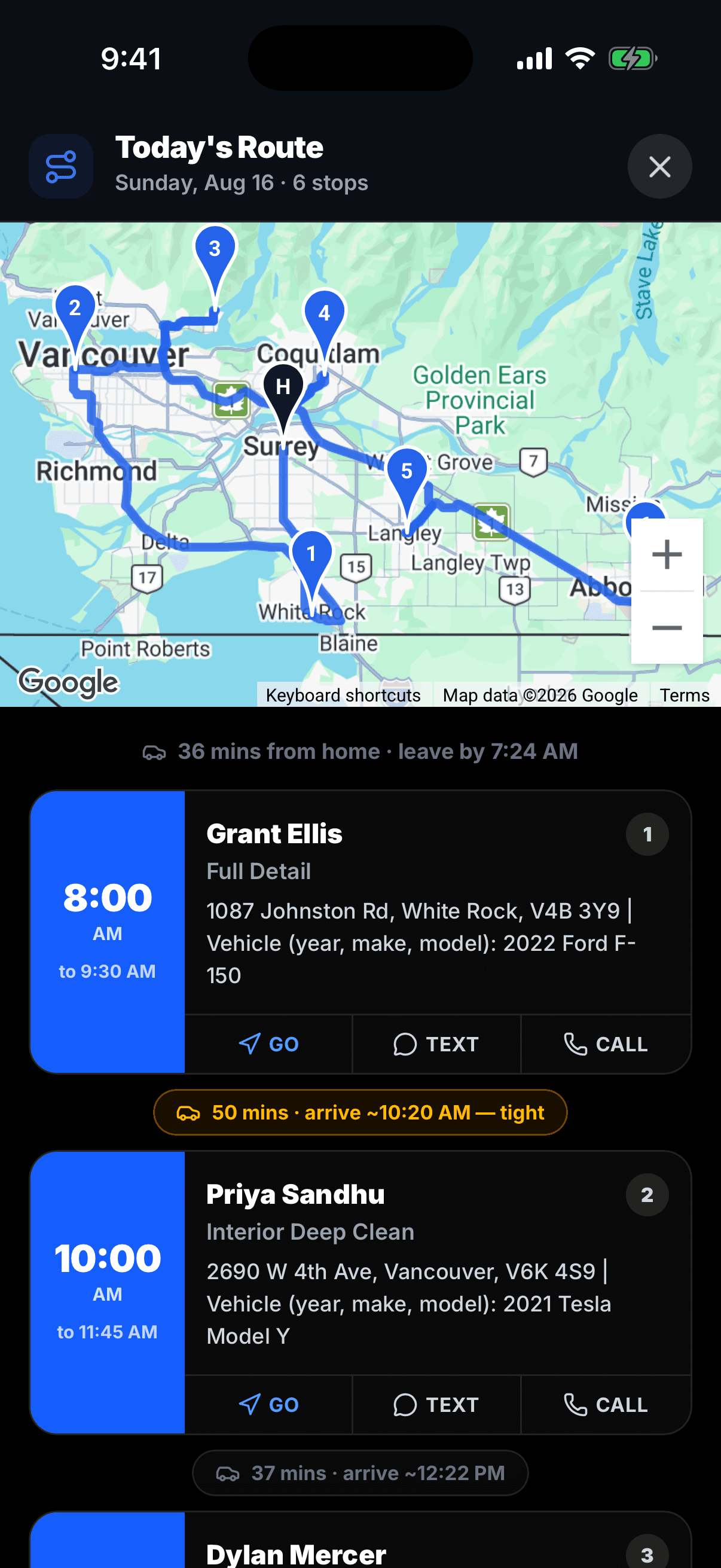Today's Route in Reelin: six stops mapped with drive times between jobs
