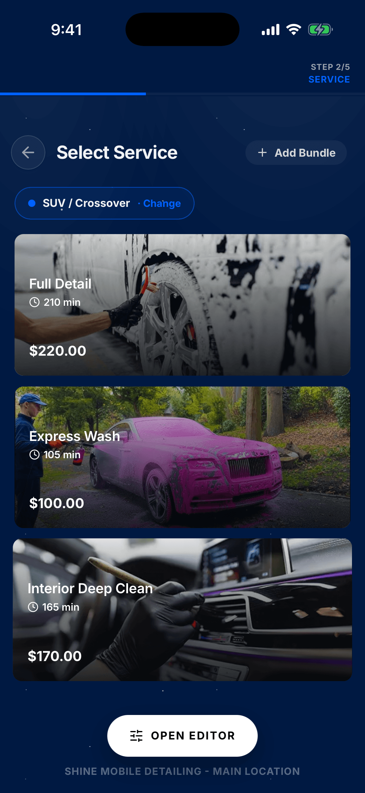 Sized detailing services with prices in the Reelin booking flow