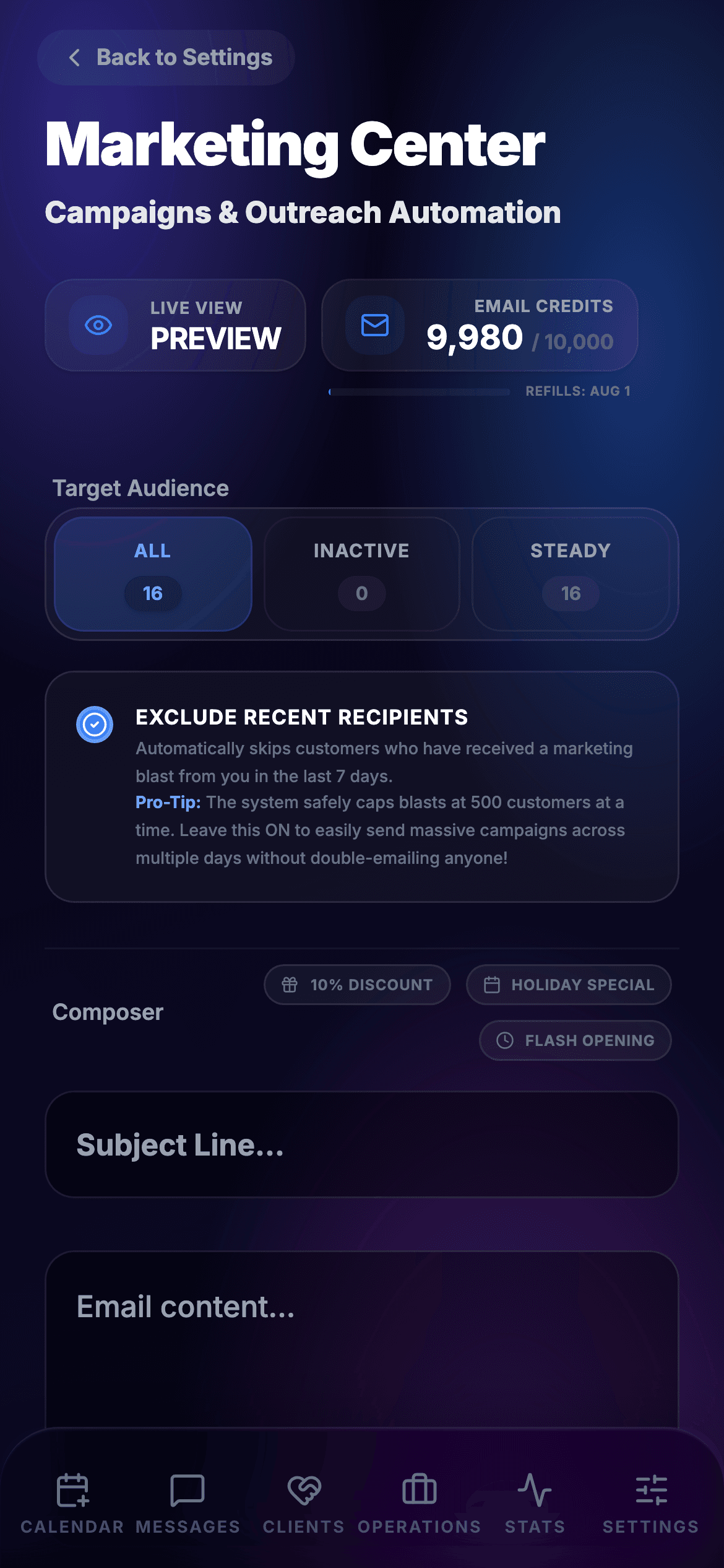 The Reelin Marketing Center: campaigns, audience targeting, and email credits