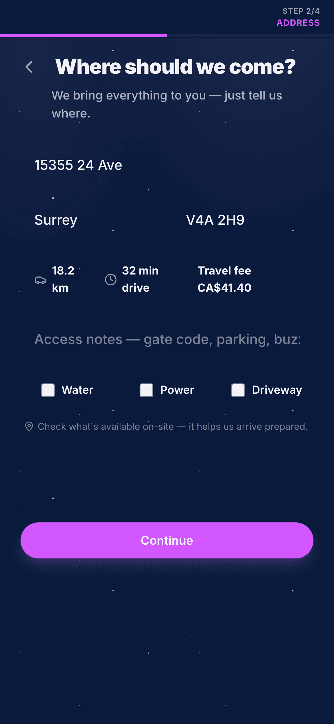 A client entering their address with a live travel quote