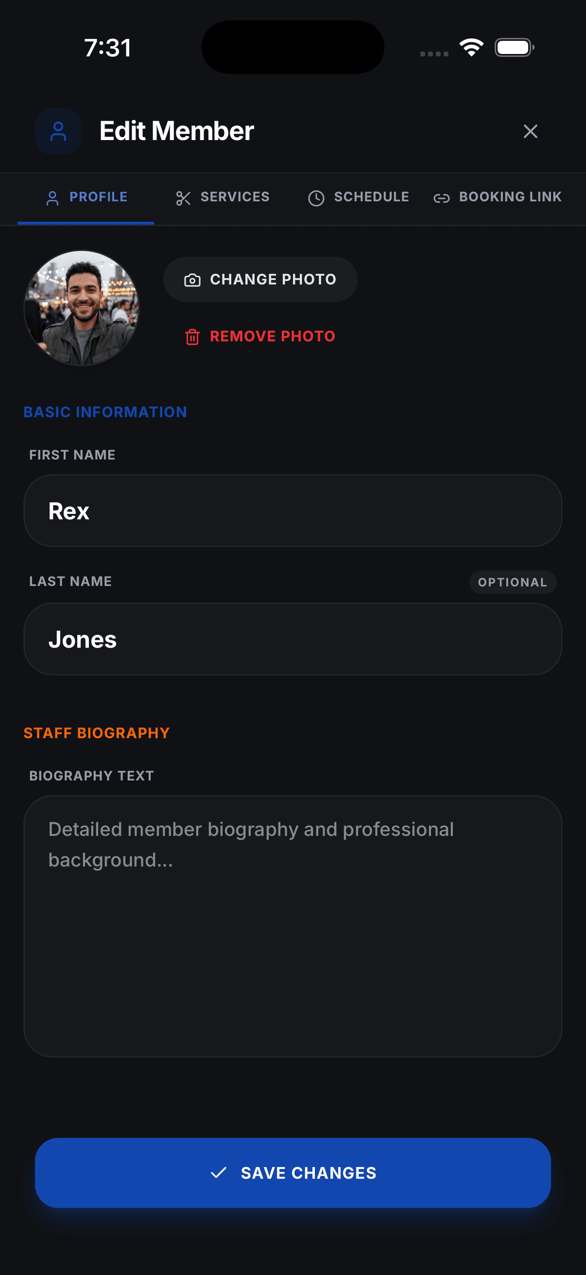 Editing a team member profile: photo, name, and bio