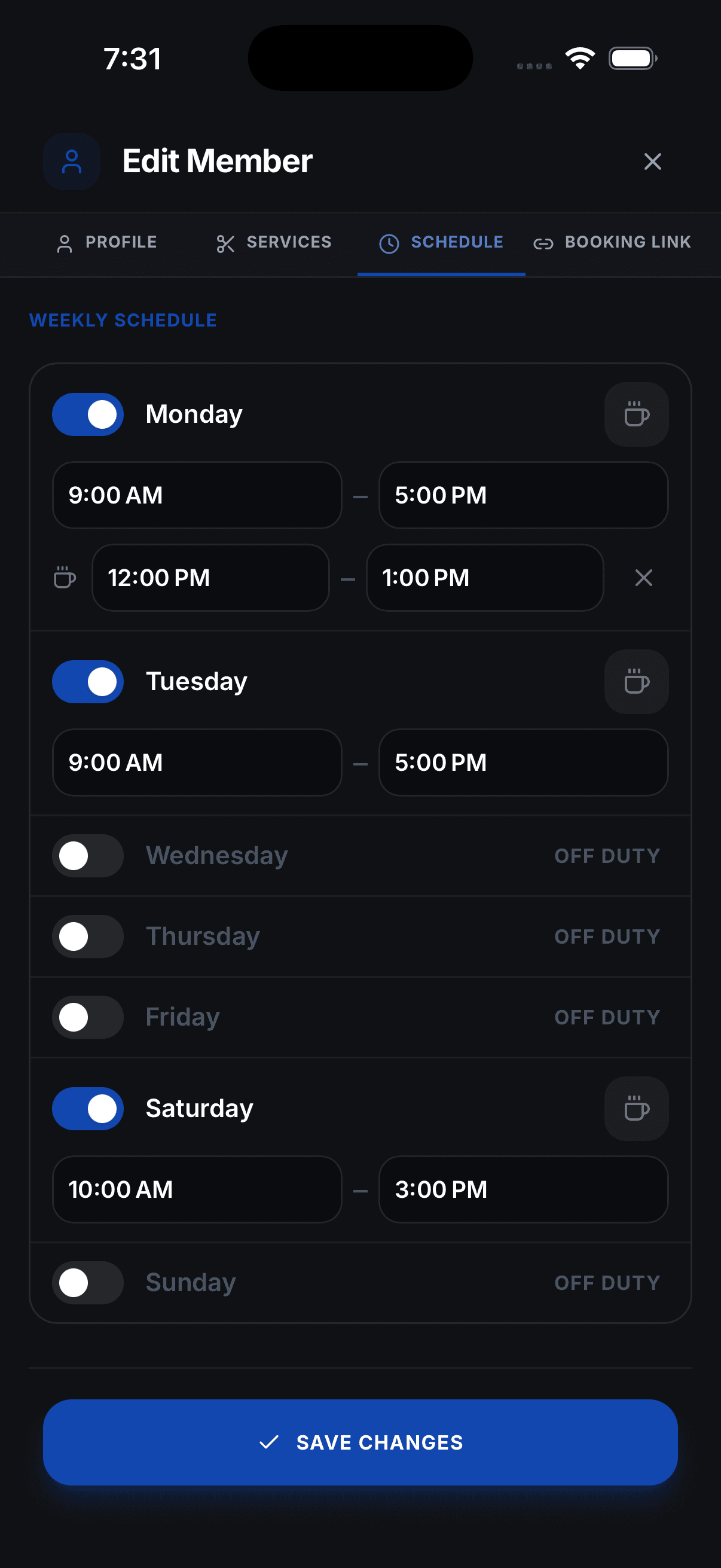 A team member's weekly schedule with breaks and days off