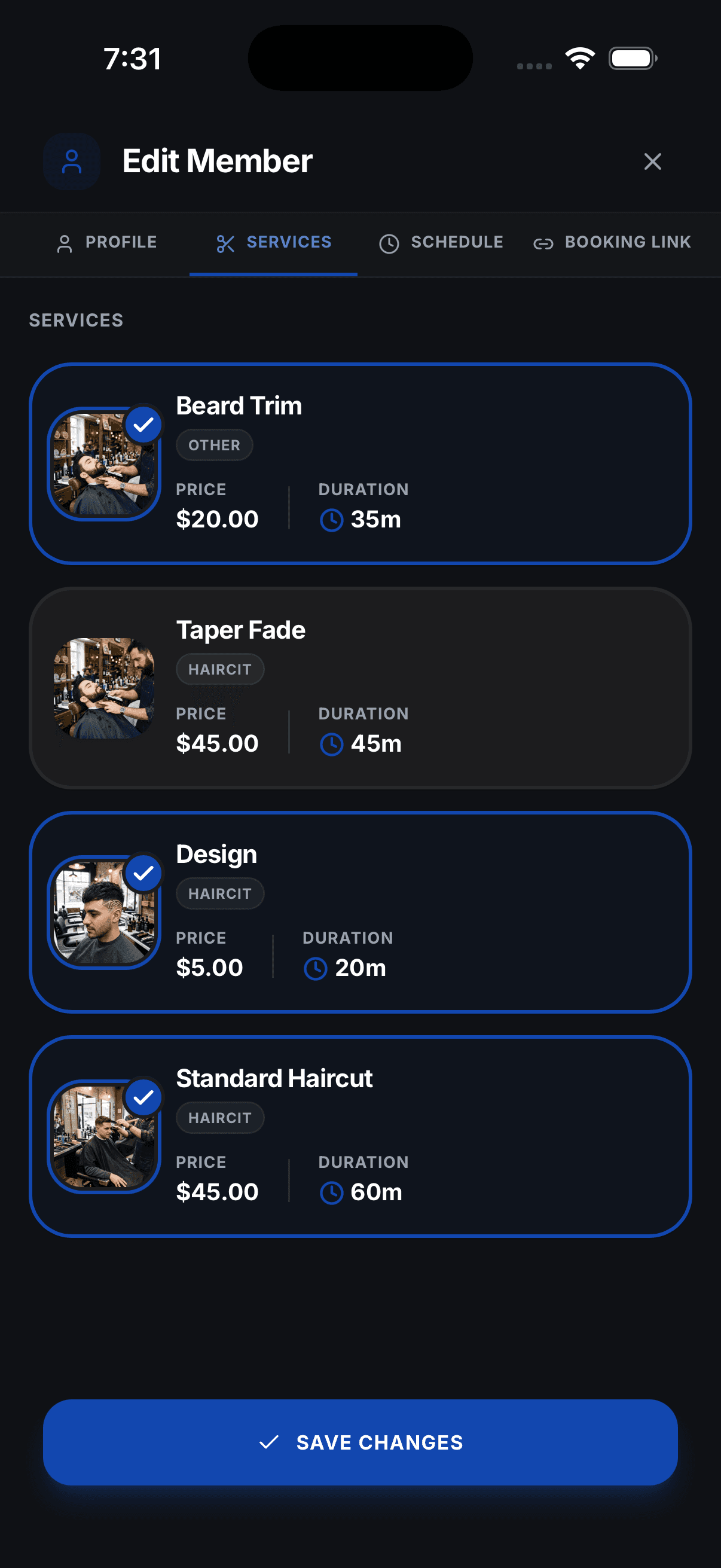 Choosing which services a team member offers