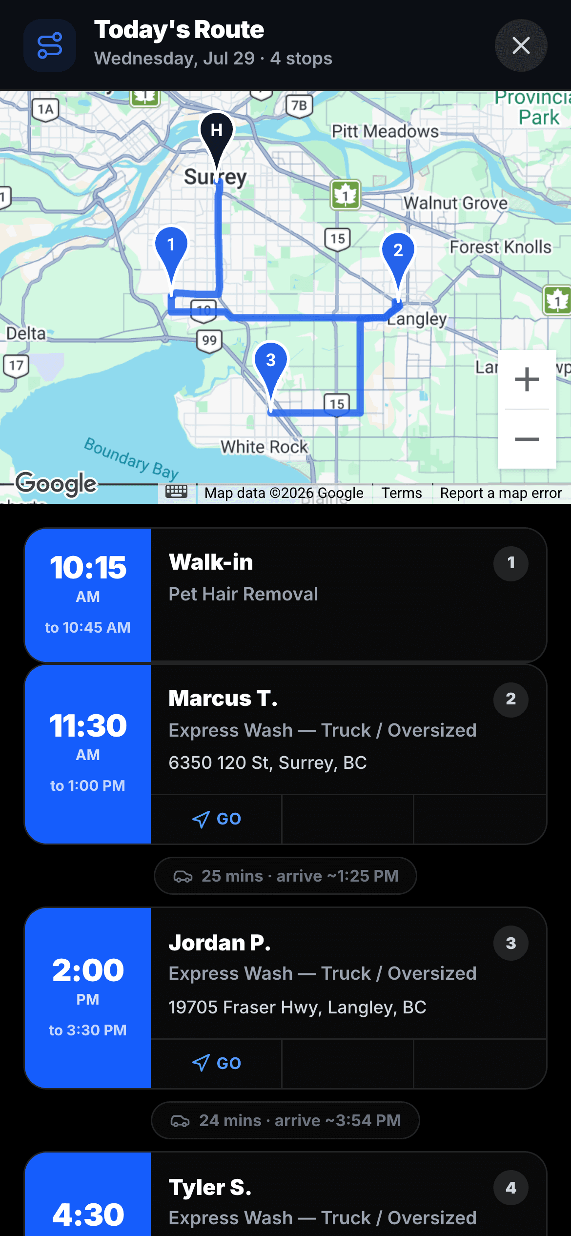 Today's Route in the Reelin app: numbered stops on a real map with drive times between jobs