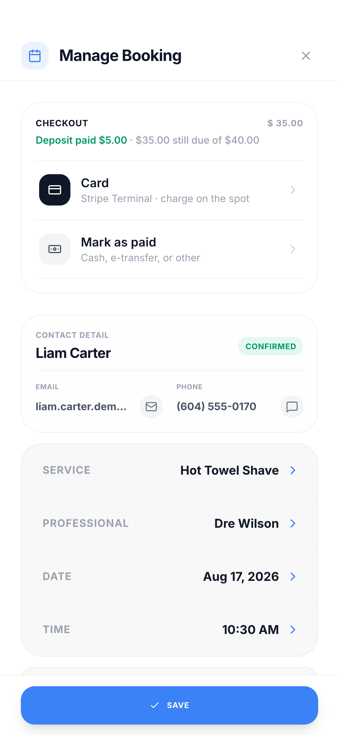 The shop side of a booking: deposit paid, balance still due, ready to charge