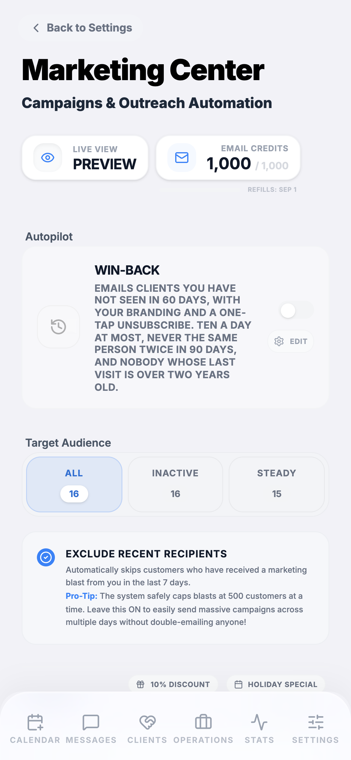 The Marketing Center, a client on file, and the roster with visits and spend