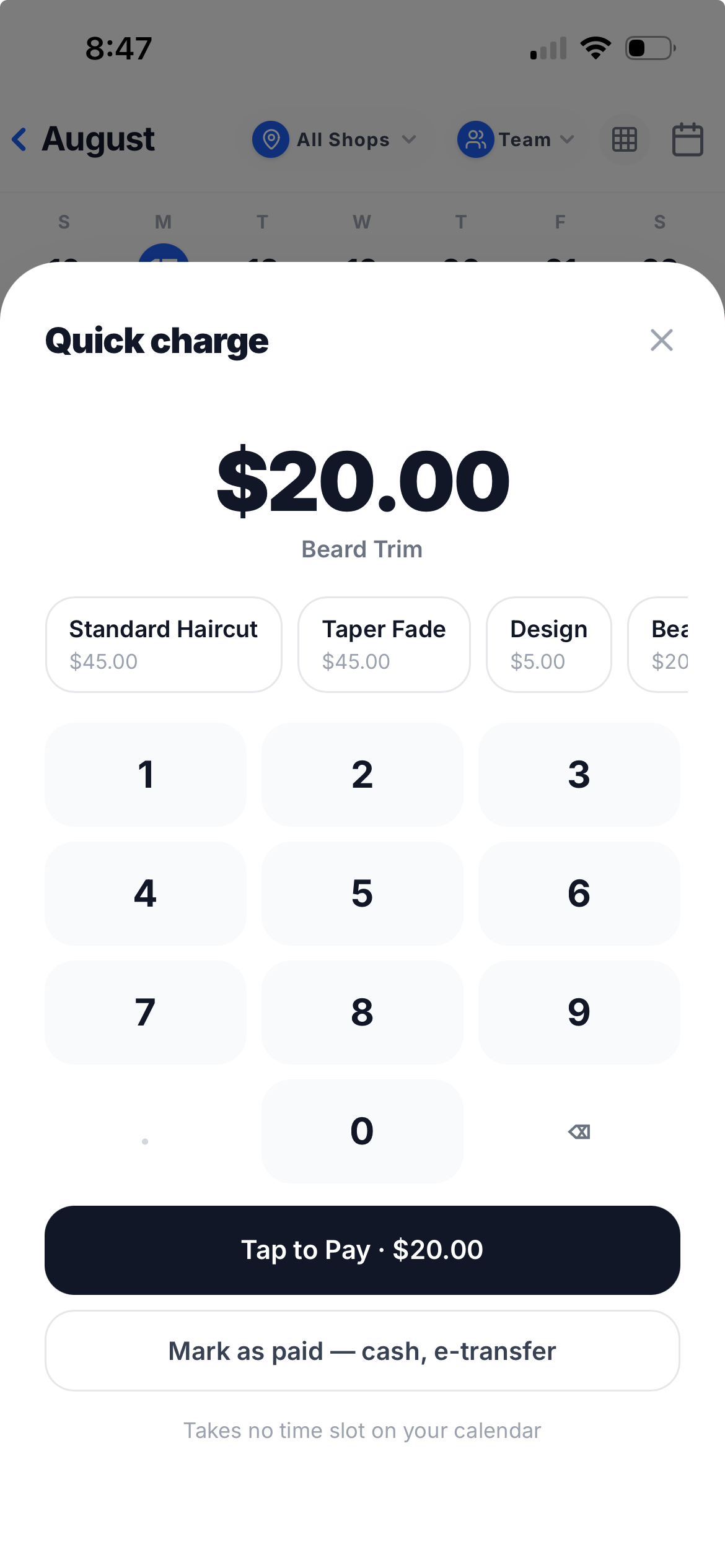 Three ways to get paid: the card checkout, the Quick Charge keypad, and Tap to Pay