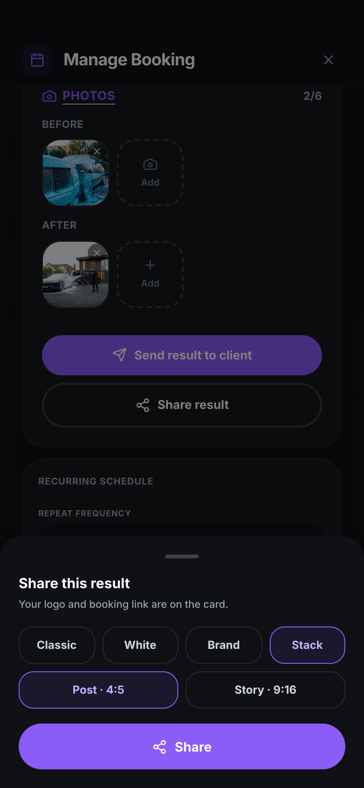 Before and after on the booking, with the Instagram share card sheet open