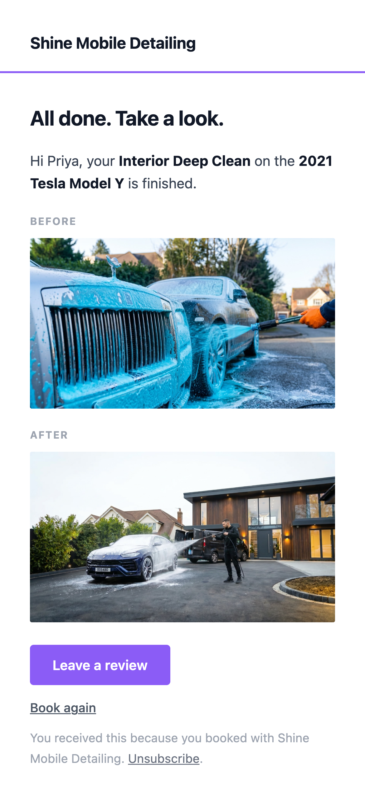 The job-done email the client receives: both photos, a review link, and book again