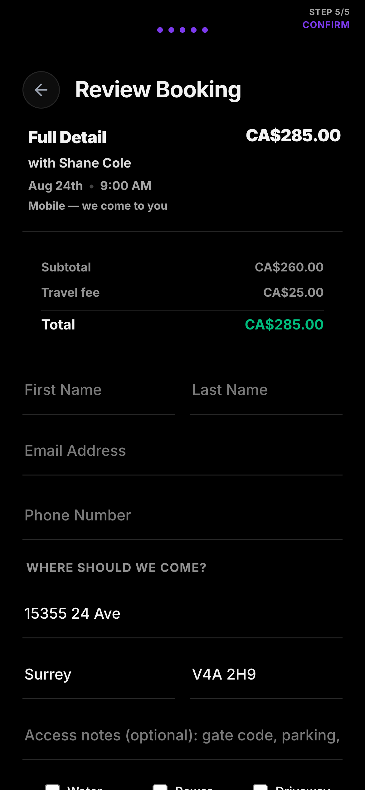 The deposit checkout, a booking with the travel fee inside the total, and Tap to Pay on the driveway