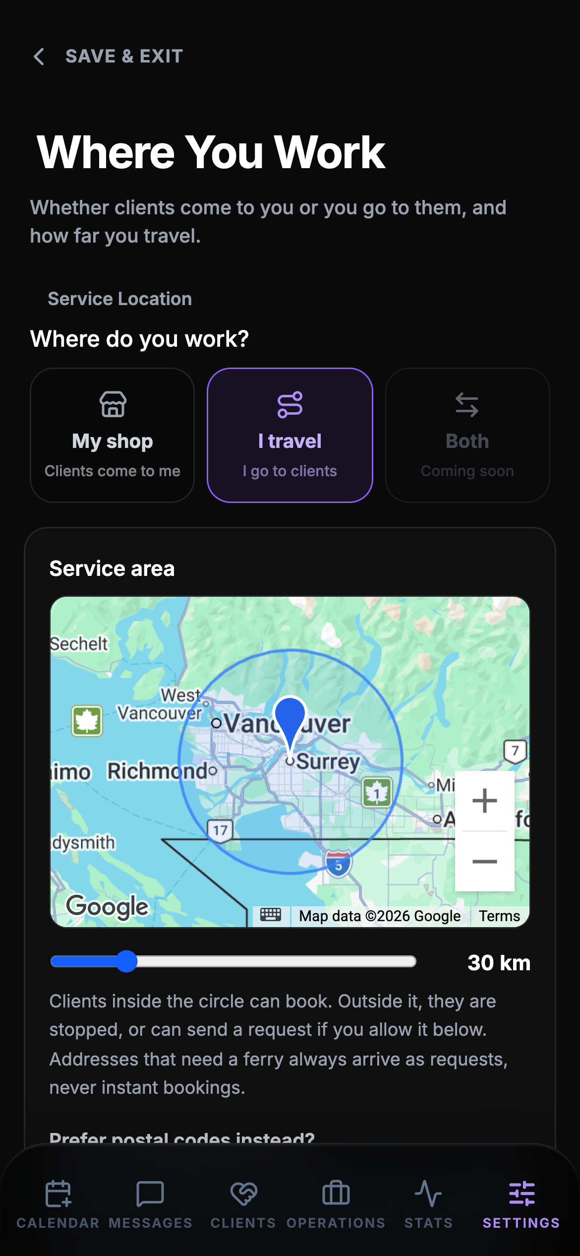 Where You Work: I travel, a 30 km service area on the map, and the approve-first switch