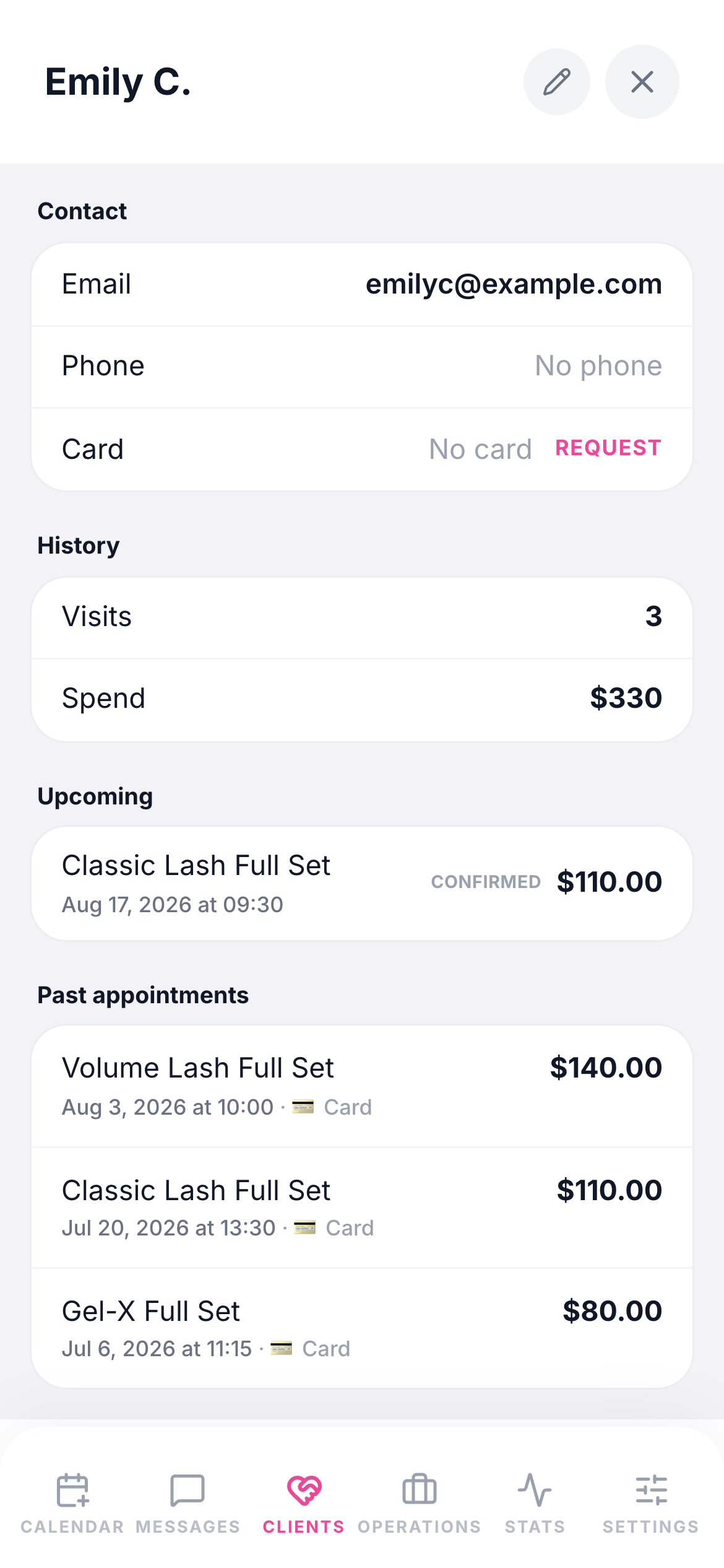 A lash client on file: visits, spend, and every set she has had
