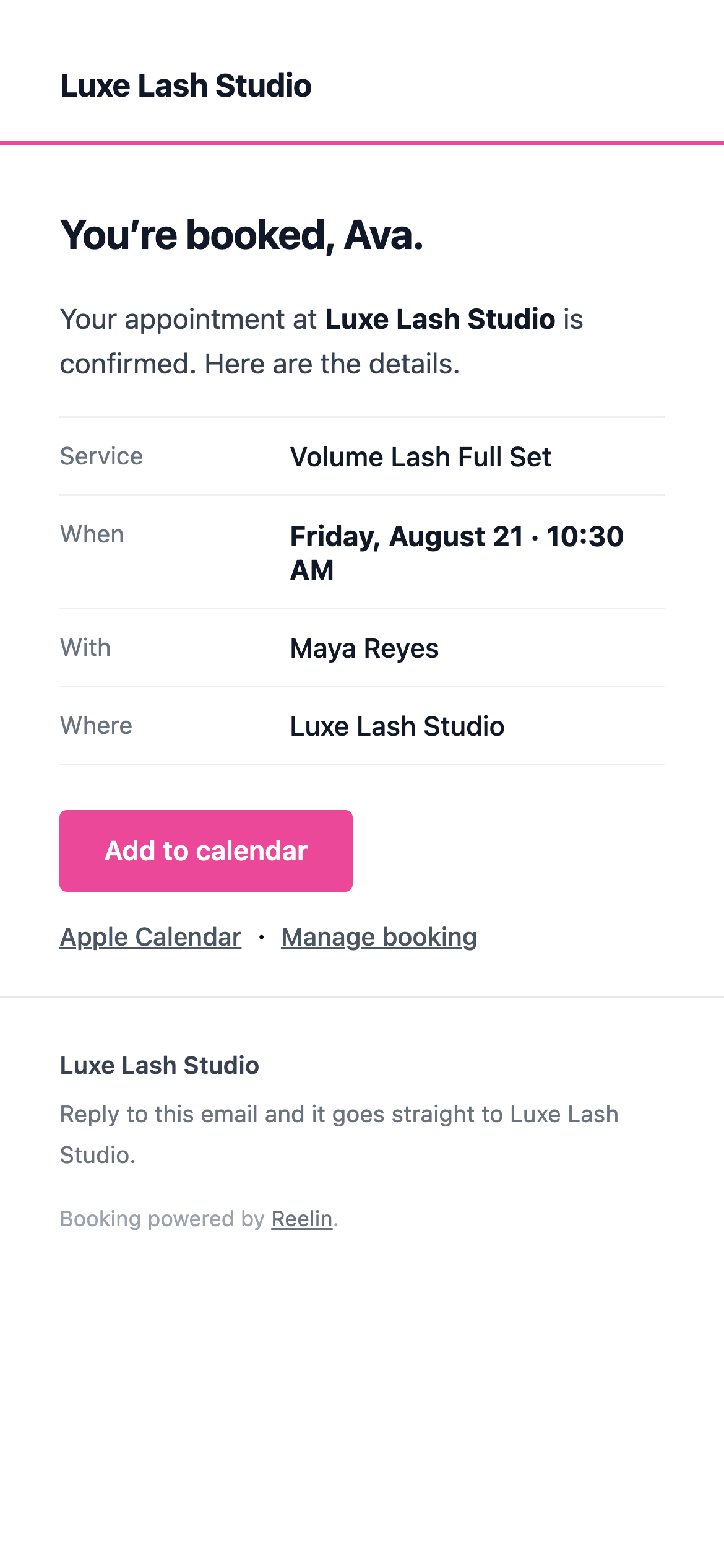 The confirmation email a lash client gets: white, in the studio pink