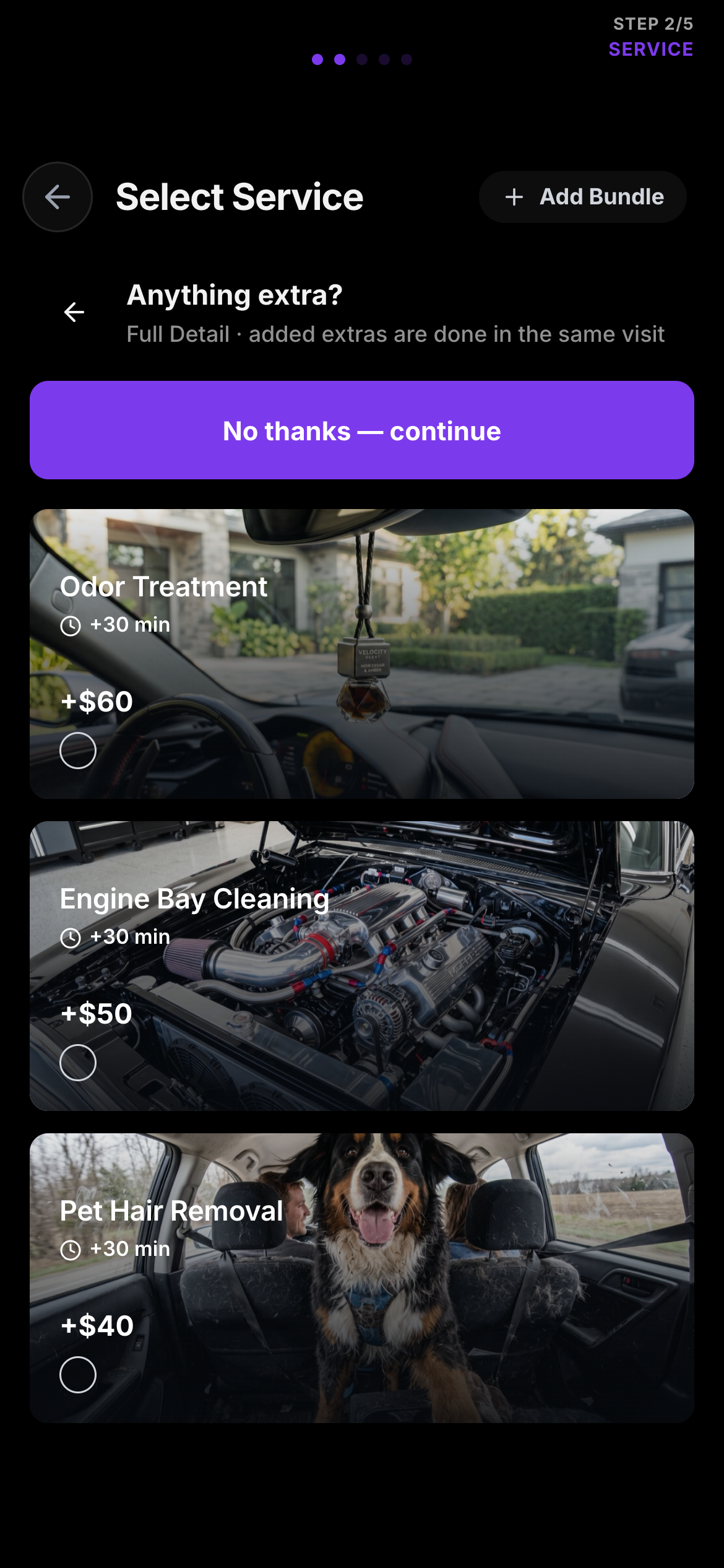 Pick the vehicle size, then a menu priced for it, then the add-ons